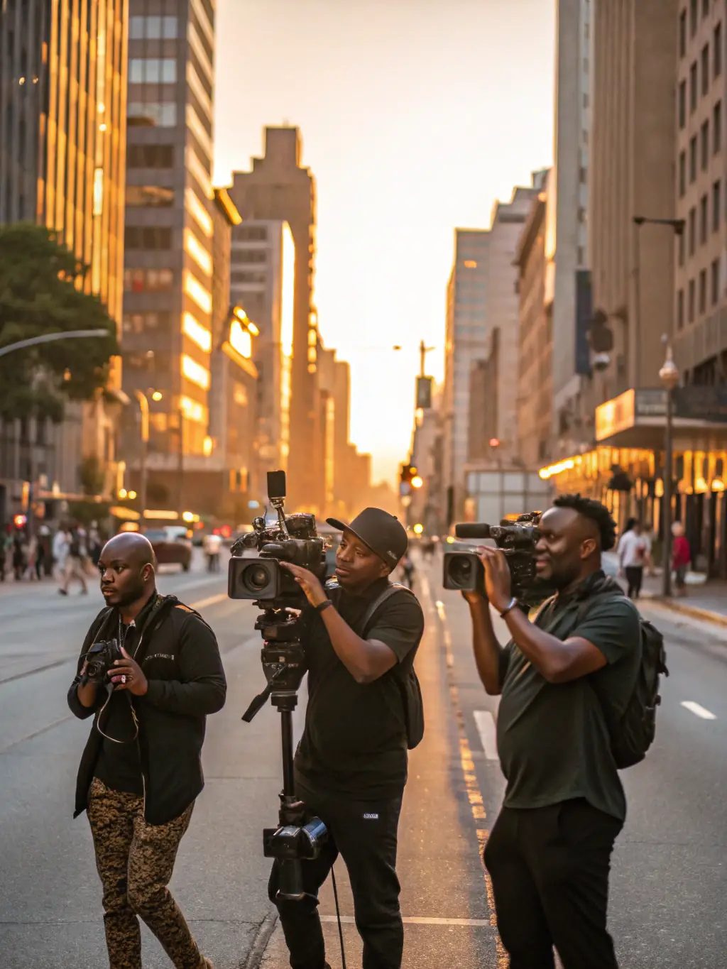 A behind-the-scenes shot of influencers filming content in a lively South African urban environment.