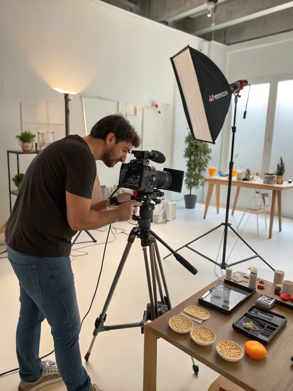 A visually appealing image of a content creation setup, featuring professional lighting, camera equipment, and a diverse team working on social media content.